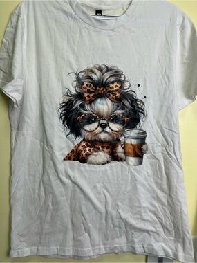 Casual White Tee with Leopard-Print Pup Graphic